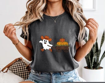 Western Halloween Cowboy Ghost Shirt, Pumpkin Wagon T Shirt, Spooky Fall Tee, Cute Autumn Pumpkin Patch Gift