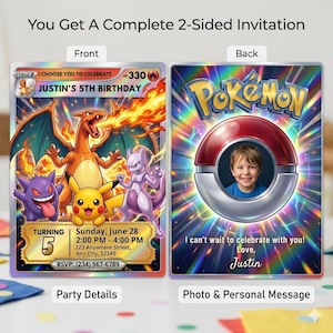 Pokemon card Pokémon invite with front and back design, personalized pokemon birthday invitation, custom invite with photo, printable card, kids party invite, birthday template digital invite.