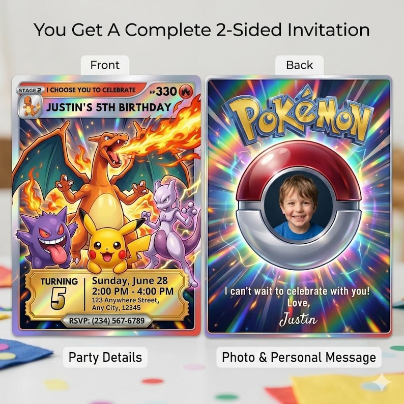 Pokemon card Pokémon invite with front and back design, personalized pokemon birthday invitation, custom invite with photo, printable card, kids party invite, birthday template digital invite.