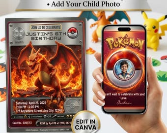Invitación de cumpleaños con diseño de carta Pokémon y plantilla editable de Canva con foto, invitación para fiesta de niños con Pikachu y Charizard, descarga digital.