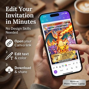 Pokemon Invite editable in Canva on smartphone screen, Pokémon theme Pikachu invite and Charizard invite, custom anime card birthday invite, digital invite for kids birthday invitation.