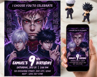 Invitación de cumpleaños de Jujutsu Kaisen, invitación para fiesta de anime para niños, plantilla editable de Canva (descarga digital)