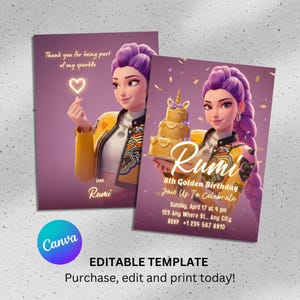 Kpop Demon Hunters Huntrix Rumi Geburtstagseinladung | 8. Goldene bearbeitbare Canva-Vorlage Digital Printable