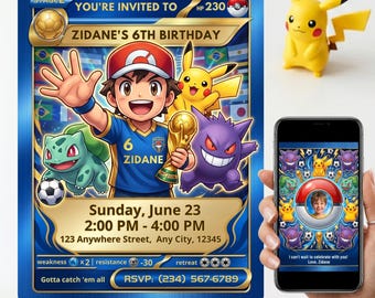 Invitación de cumpleaños de la Copa Mundial Pokémon con foto, invitación para fiesta de fútbol, plantilla de Canva para cartas Pokémon, descarga digital.