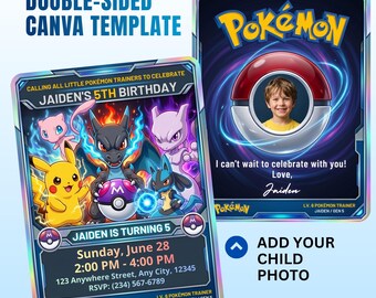 Invitación de cumpleaños número 5 de Pokémon con foto, plantilla editable de Canva, invitación para fiesta de Pokémon Pikachu, Charizard, Mewtwo y Lucario.