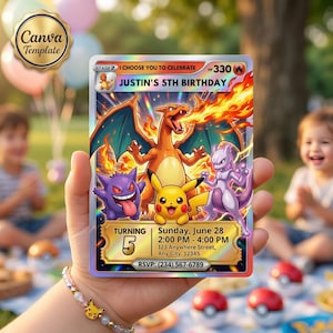 Pokemon birthday party invitation printable card example, Pokémon invitation, personalized pokemon party invitation Canva template.