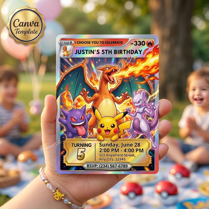 Pokemon birthday party invitation printable card example, Pokémon invitation, personalized pokemon party invitation Canva template.