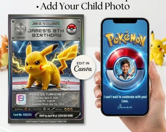 Invitación de cumpleaños de Pokémon editable con foto, invitación para fiesta infantil de Pikachu y Charizard, plantilla de Canva para cartas de Pokémon