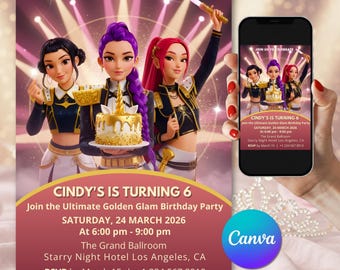 Kpop Demon Hunters Birthday Invitation | Golden Glam Canva Template (Digital Download)
