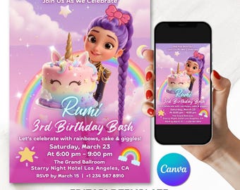 Invitación de cumpleaños de unicornio de Demon Hunters del Kpop / Fiesta del tercer cumpleaños de Rumi (Plantilla de Canva)