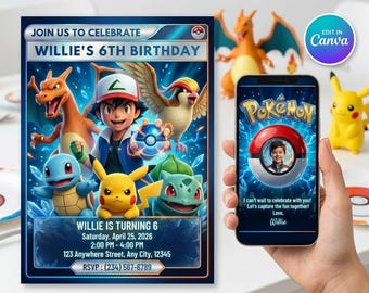 Invitación de cumpleaños de Pokémon Pikachu y Charizard con foto, invitación para fiesta infantil, plantilla editable de tarjeta Pokémon en Canva