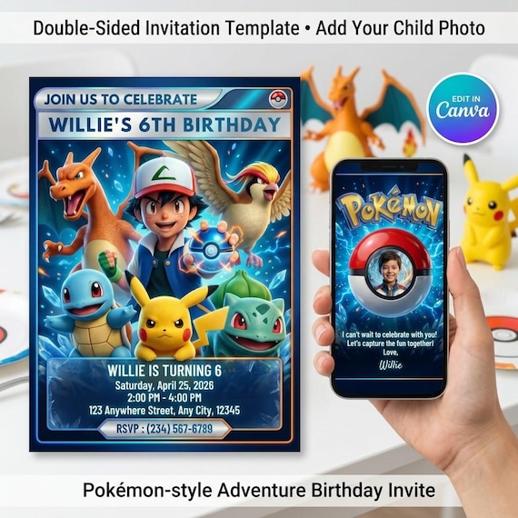 party city pokemon cards Pikachu Charizard Birthday Invitation with Photo, Kids Invite, Editable Canva Pokémon Card Template Stadium Rarity Pokemon TCG - Party Bundle