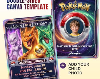 Invitación de cumpleaños número 6 de Pokémon con foto, invitación para fiesta de Pokémon Mewtwo, Charizard y Rayquaza, plantilla editable de Canva.