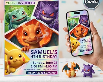 Invitación de cumpleaños de Pokémon, invitación editable para fiesta de Pokémon en Canva, descarga digital para cumpleaños infantiles con Charizard, Pikachu y Gengar