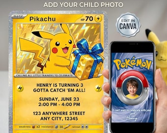 Invitación de cumpleaños número 3 de Pokémon con foto, fiesta de Pikachu, plantilla editable de Canva para invitación de tarjeta Pokémon, descarga digital