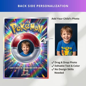 Pokemon card Pokémon invite with back design, personalized pokemon birthday invitation, custom invite with photo, printable card, kids party invite, birthday template digital invite.