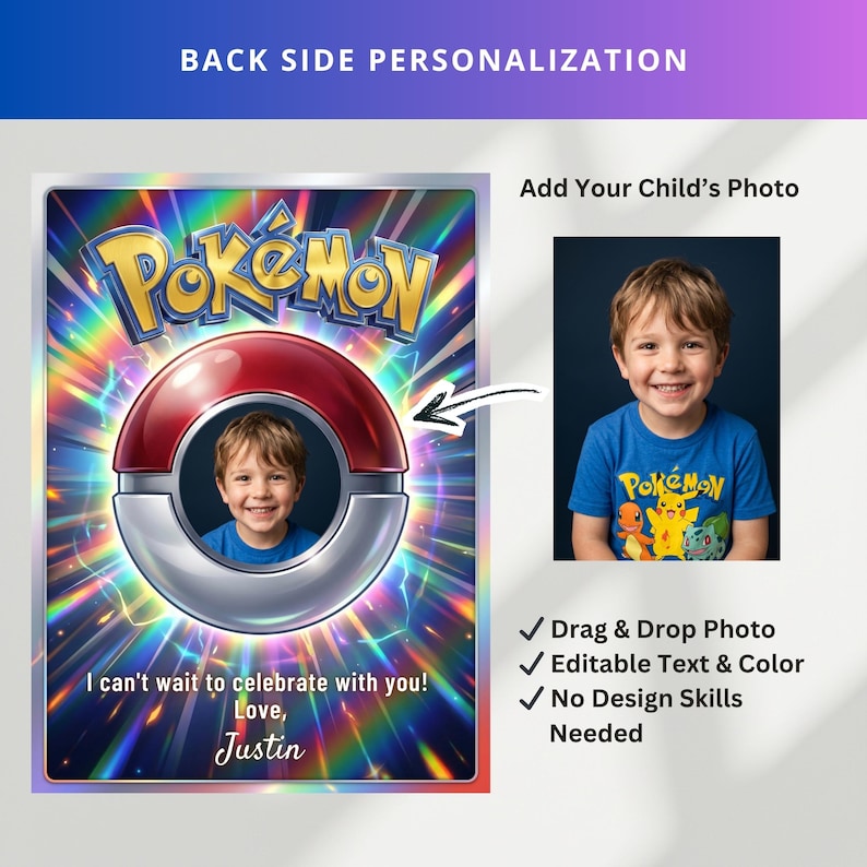 Pokemon card Pokémon invite with back design, personalized pokemon birthday invitation, custom invite with photo, printable card, kids party invite, birthday template digital invite.
