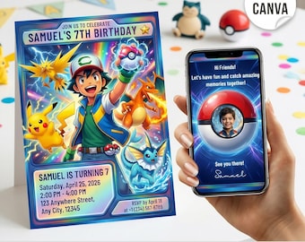 Invitación de cumpleaños de Pokémon con plantilla editable de Canva para fotos, invitación de tarjeta Pokémon, invitación para fiesta de cumpleaños de niño, descarga digital.