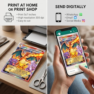 Pokemon birthday party invitation printable card and digital invite example, Pokémon invitation for WhatsApp sharing and home printing, personalized pokemon party invitation Canva template.