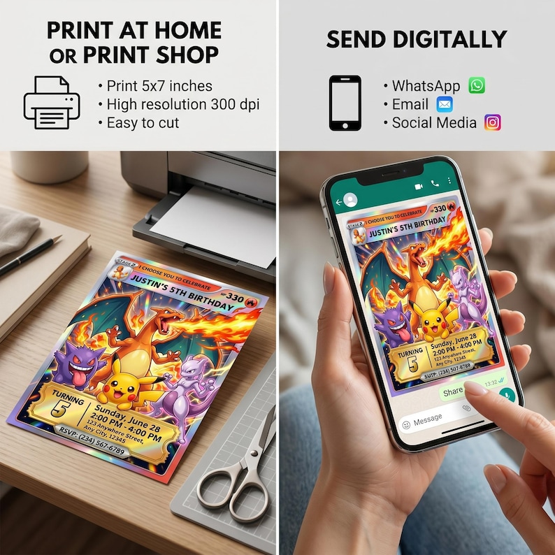 Pokemon birthday party invitation printable card and digital invite example, Pokémon invitation for WhatsApp sharing and home printing, personalized pokemon party invitation Canva template.