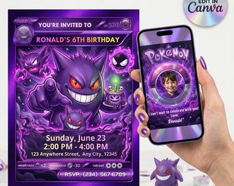 Invitación de cumpleaños de Pokémon con foto, fiesta de Pokémon Gengar, plantilla editable de Canva para invitación de tarjeta Pokémon, descarga digital.