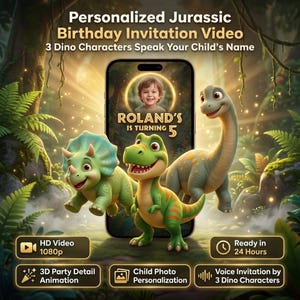 Invito di compleanno personalizzato a tema dinosauri con video, invito elettronico per festa a tema avventura giurassica, invito personalizzato a tema dinosauri con foto