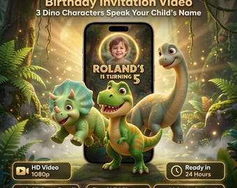 Invitación de video personalizada de cumpleaños de dinosaurios, invitación electrónica para fiesta de aventuras jurásicas, invitación personalizada de dinosaurios con foto