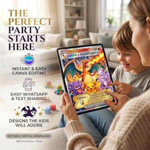 Pokémon invite displayed on tablet with hologram pokemon custom anime card style, personalized pokemon birthday card, kids party invite, Canva template digital invite printable invitation.