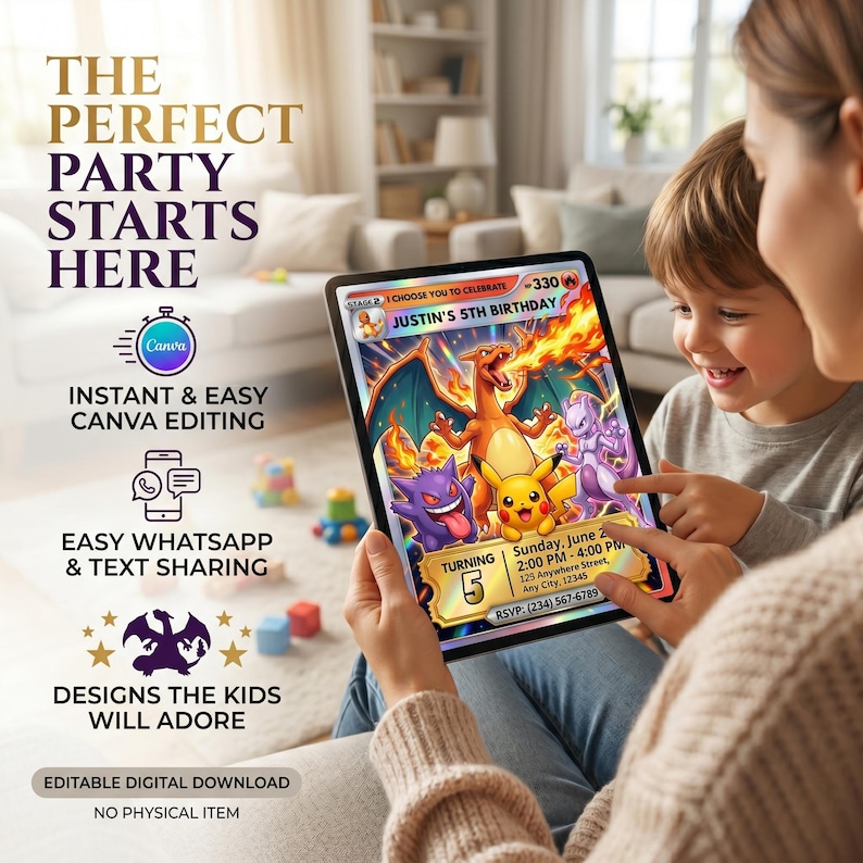 Pokémon invite displayed on tablet with hologram pokemon custom anime card style, personalized pokemon birthday card, kids party invite, Canva template digital invite printable invitation.