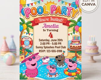 Invitación de cumpleaños editable de Peppa Pig: Invitación para fiesta infantil, plantilla personalizada de Canva, descarga digital.