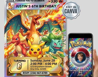 Plantilla editable de Canva para invitación de cumpleaños de Pokémon, invitación para fiesta de Charizard, Pikachu y Bulbasaur, descarga digital imprimible.