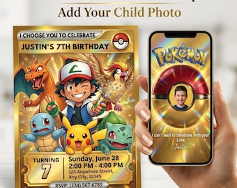 Invitación de cumpleaños número 7 de Pokémon con Pikachu y Charizard con foto, invitación para fiesta infantil, plantilla editable de tarjeta Pokémon en Canva