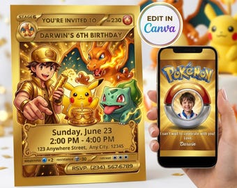 Invitación de cumpleaños de Pokémon con foto, invitación editable en Canva con diseño de tarjeta Pokémon, invitación digital para fiesta de Charizard y Pikachu (descarga digital)