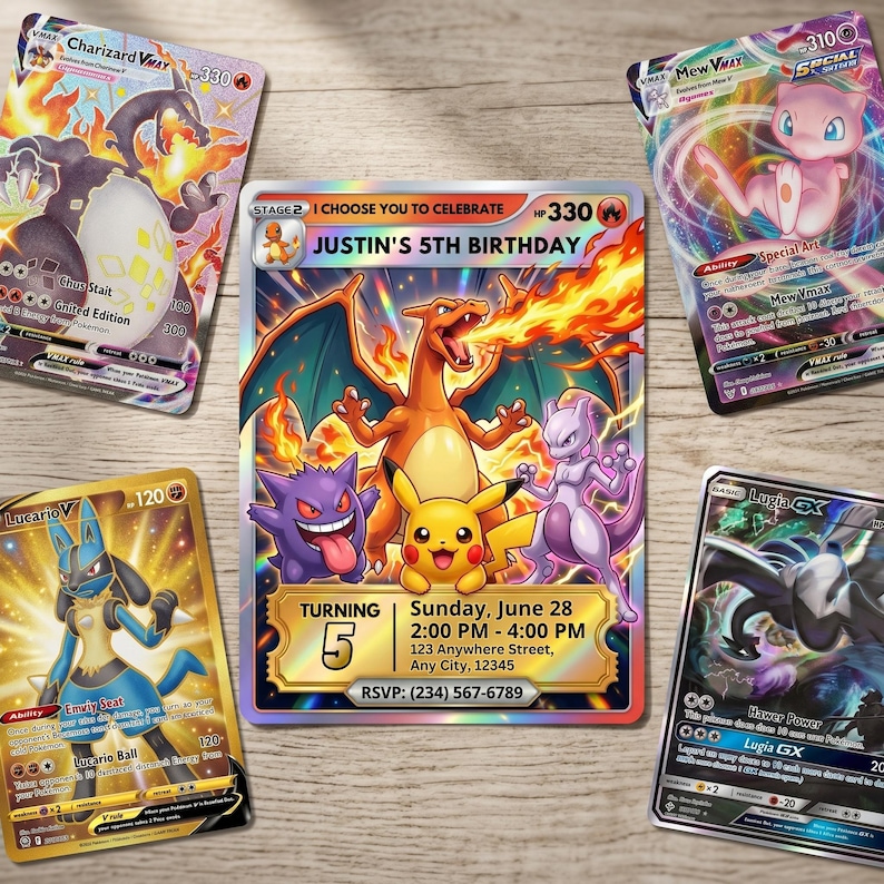 Pokemon birthday party invitation printable card and trading card game pokemon example, Pokémon invitation, personalized pokemon party invite, digital download.