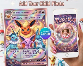Invitación de cumpleaños de Pokémon para niñas de 4 años con foto, plantilla editable de tarjeta Pokémon en Canva, descarga digital de invitación para fiesta Pokémon