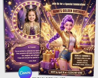 Invitación de cumpleaños dorada de Kpop Demon Hunters / Invitación para fiesta de niña (imprimible digital)