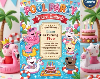 Invitación de cumpleaños con temática de fiesta en la piscina de Peppa Pig, plantilla editable de Canva (descarga digital)