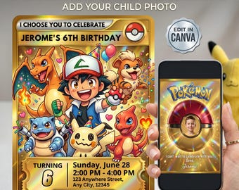 Invitación de cumpleaños número 6 de Pokémon con foto, invitación de fiesta con carta Pokémon de Charizard y Blastoise, plantilla editable de Canva.