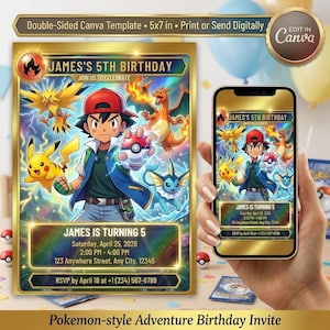 May include: A double-sided Canva template birthday invitation, 5x7 inches, featuring a Pokemon-style design. The invitation includes the text "JAMES'S 5TH BIRTHDAY" and event details. The design showcases various Pokemon characters and the text "Pokemon-style Adventure Birthday Invite".