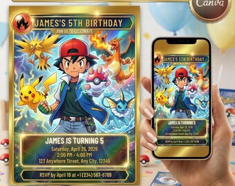 Invitación de cumpleaños estilo carta Pokémon con foto, invitación para fiesta de niños con Pikachu y Charizard, plantilla editable de Canva.