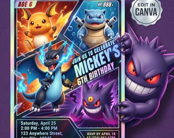 Invitación de cumpleaños de Pokémon, plantilla editable de Canva, invitación para fiesta de Pokémon Charizard, Gengar y Blastoise, descarga digital.