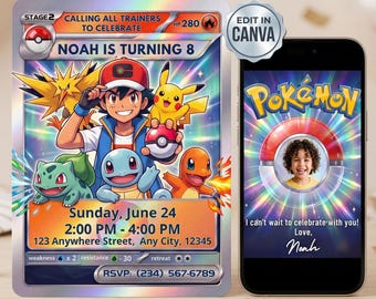 Invitación de cumpleaños de Pokémon con foto, tarjeta de invitación para fiesta de Pokémon Trainer Pikachu Bulbasaur, plantilla digital de Canva