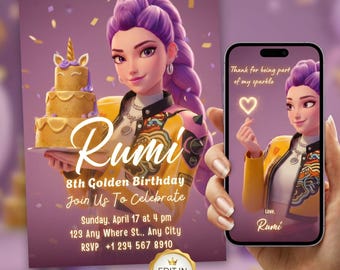 Invitación de cumpleaños de Rumi de Kpop Demon Hunters Huntrix / Plantilla editable de Canva para octavo aniversario e imprimible digitalmente