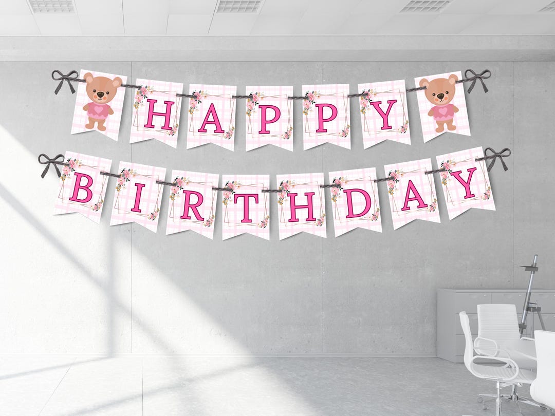 Pink Teddy Bear Happy Birthday Banner, Editable Template (digital ...