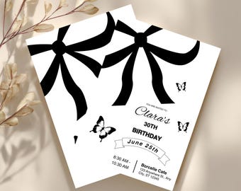 Black Bow Birthday Invitation | Modern Canva Template (Printable & Mobile)