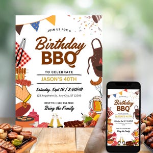 May include: A birthday BBQ invitation with the text "Birthday BBQ" and "Jason's 40th". The invitation includes illustrations of BBQ-related items like an apron, grill, and beer. A smartphone displays the same invitation.