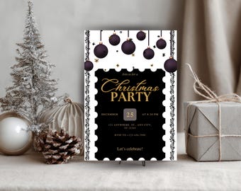 Zwarte en gouden uitnodiging kerstfeest | Bewerkbare canva-sjabloon (digitale download)
