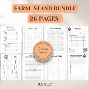 Könnte beinhalten: Ein 26-seitiges Farm-Stand-Paket mit druckbaren Dokumenten im Format 8,5 x 11 Zoll. Die Sammlung enthält Vorlagen für Rechnungen, Treuekarten, Aufgabenlisten, Bestellungen, Kontaktlisten, Wochenberichte und Dankesanhänger in Schwarz und Weiß.
