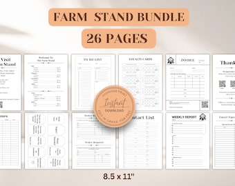 Può includere: Un pacchetto digitale per stand agricolo contenente 26 pagine di modelli stampabili, tra cui fatture, carte fedeltà, liste di cose da fare e moduli d'ordine. I documenti presentano testo nero su sfondo bianco e misurano 21,59 per 27,94 cm.