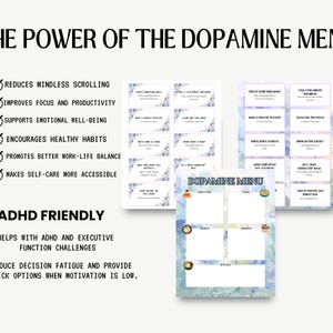 Può includere: Un set di pianificatori digitali per menu di dopamina con titolo, elenco di vantaggi e modelli stampabili con accenti acquerello blu e verdi. Il testo include The Power of the Dopamine Menu, ADHD Friendly e vari suggerimenti.